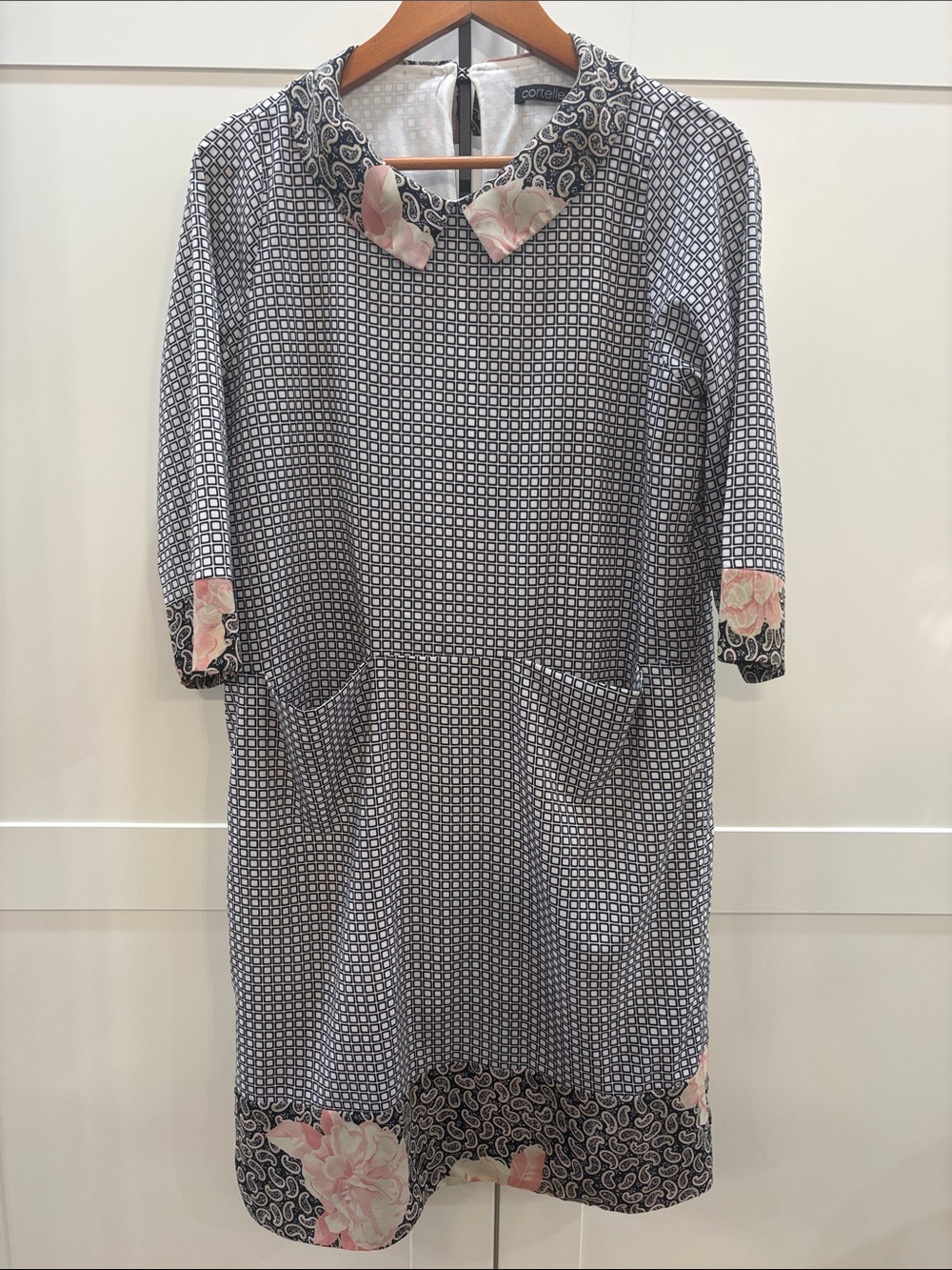 Cortelle Navy Geometric Shift Dress with Pink Floral Trim